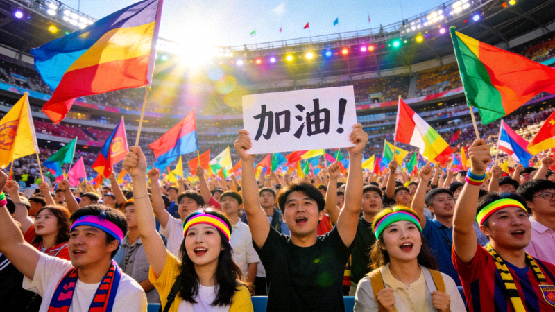体育场看台上球迷聚集观看比赛，现场气氛热烈